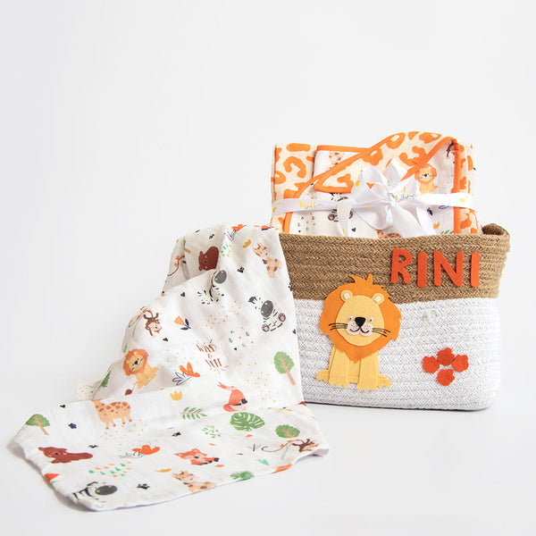 Newborn Baby Hamper & Gift Sets With Customized Organic Cotton Muslin Napkins, Rope Baskets 