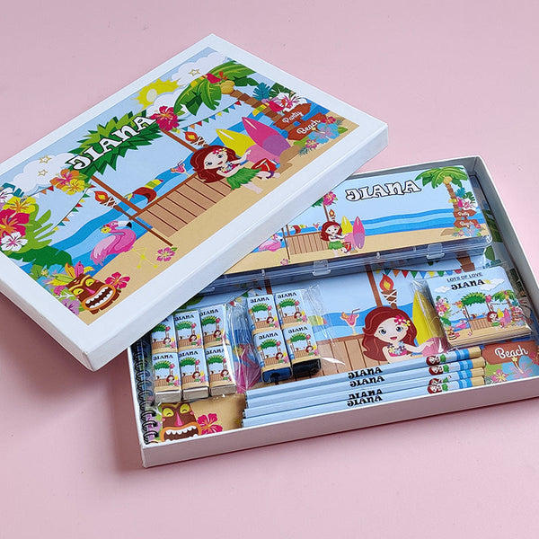 Kids Stationery With Customized Project File, Name Note Stickers, Rubber Ink Stamp Pad, And Much More.