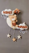 Teddy on moon with balloons for siblings  Customized Name Plate Wall Hanging