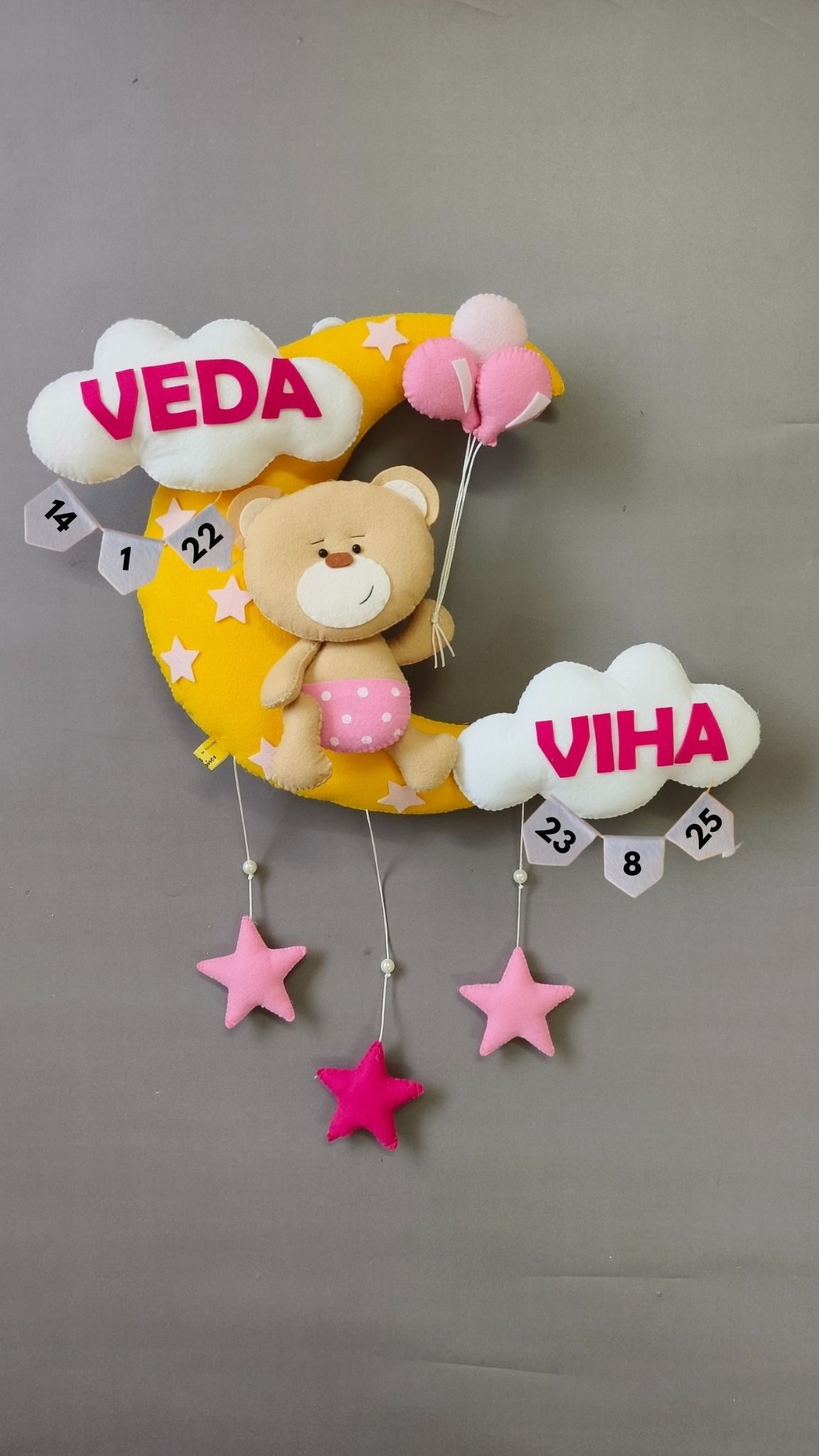 Teddy on moon with balloons for siblings  Customized Name Plate Wall Hanging