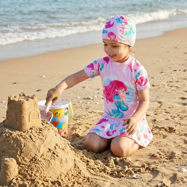 2pcs Pink Tide Mermaid Swim Set with Cap