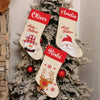 Red Band Linen Stockings- Big Checks Santa with Christmas Tree