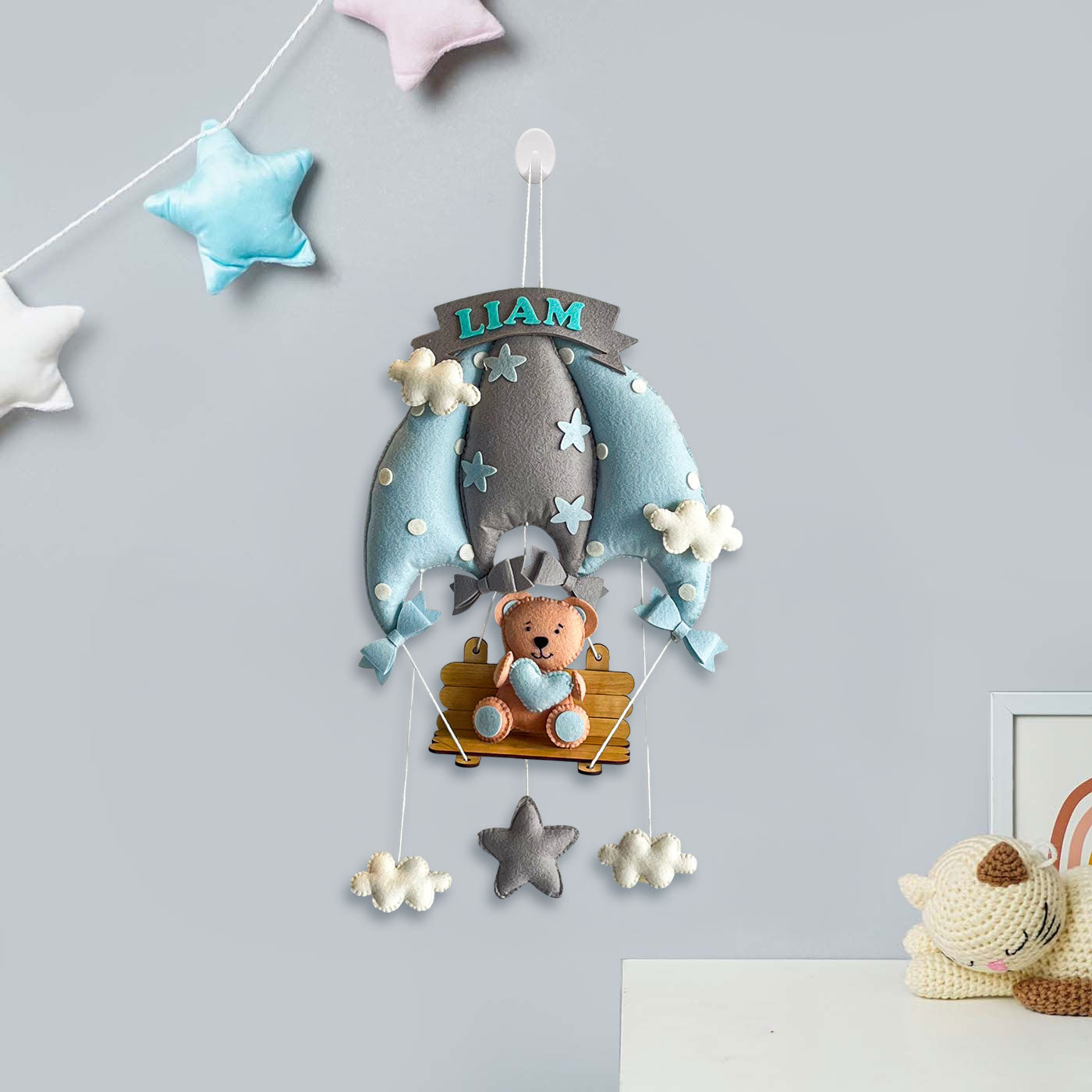 Blue Teddy On a Swing Name Hanging