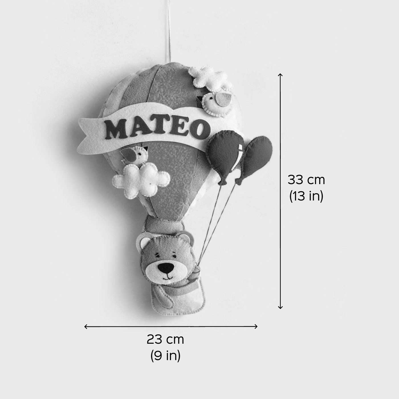 Grey Teddy in a Hot Air Balloon Name Hanging