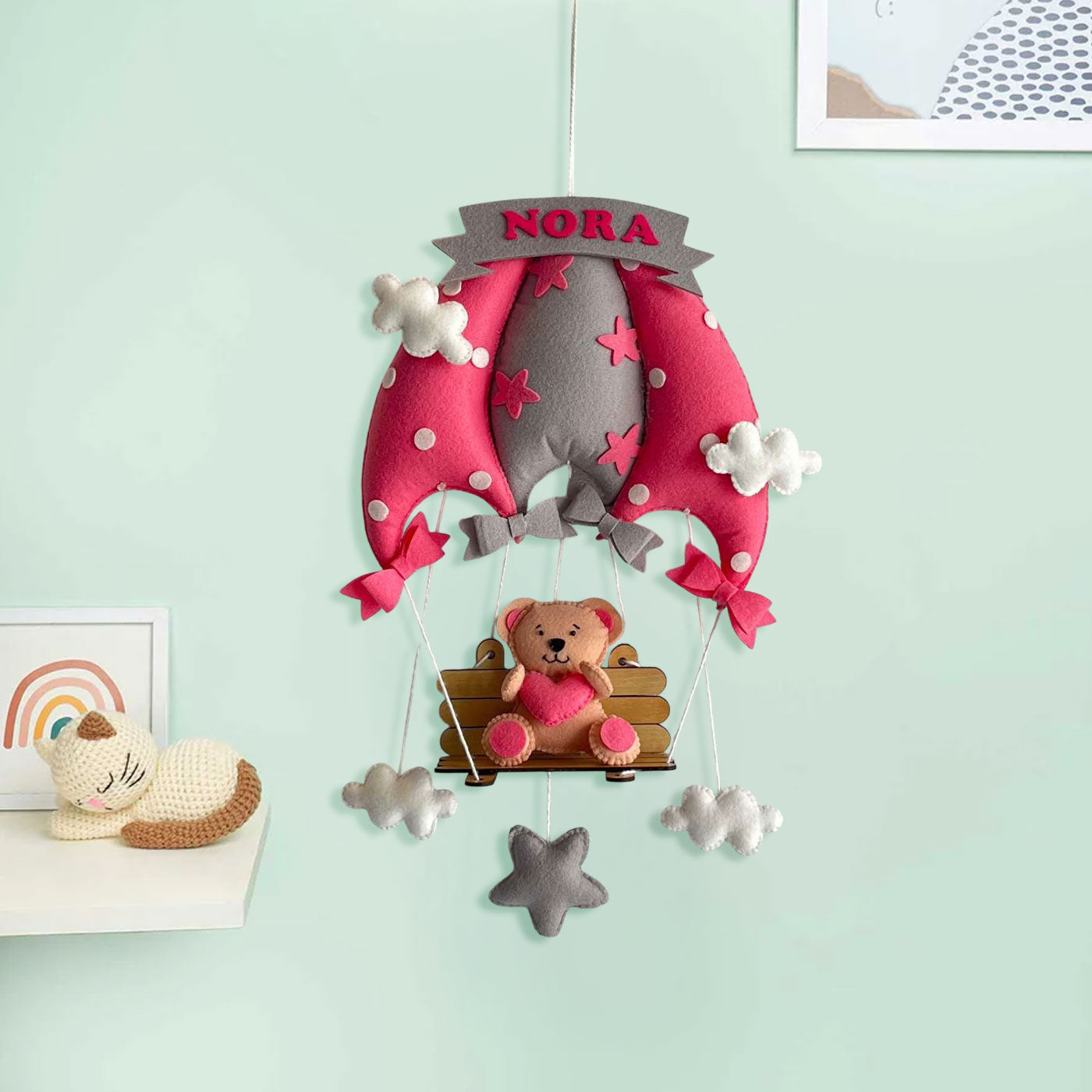 Pink Teddy On a Swing Name Hanging