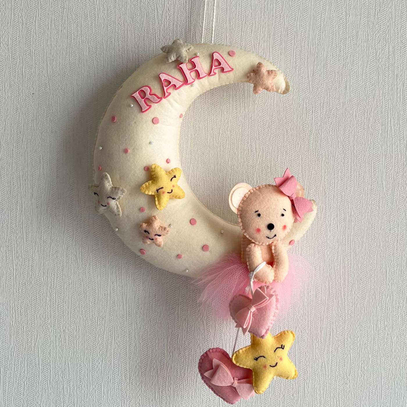 Pink Teddy On a Moon Name Hanging