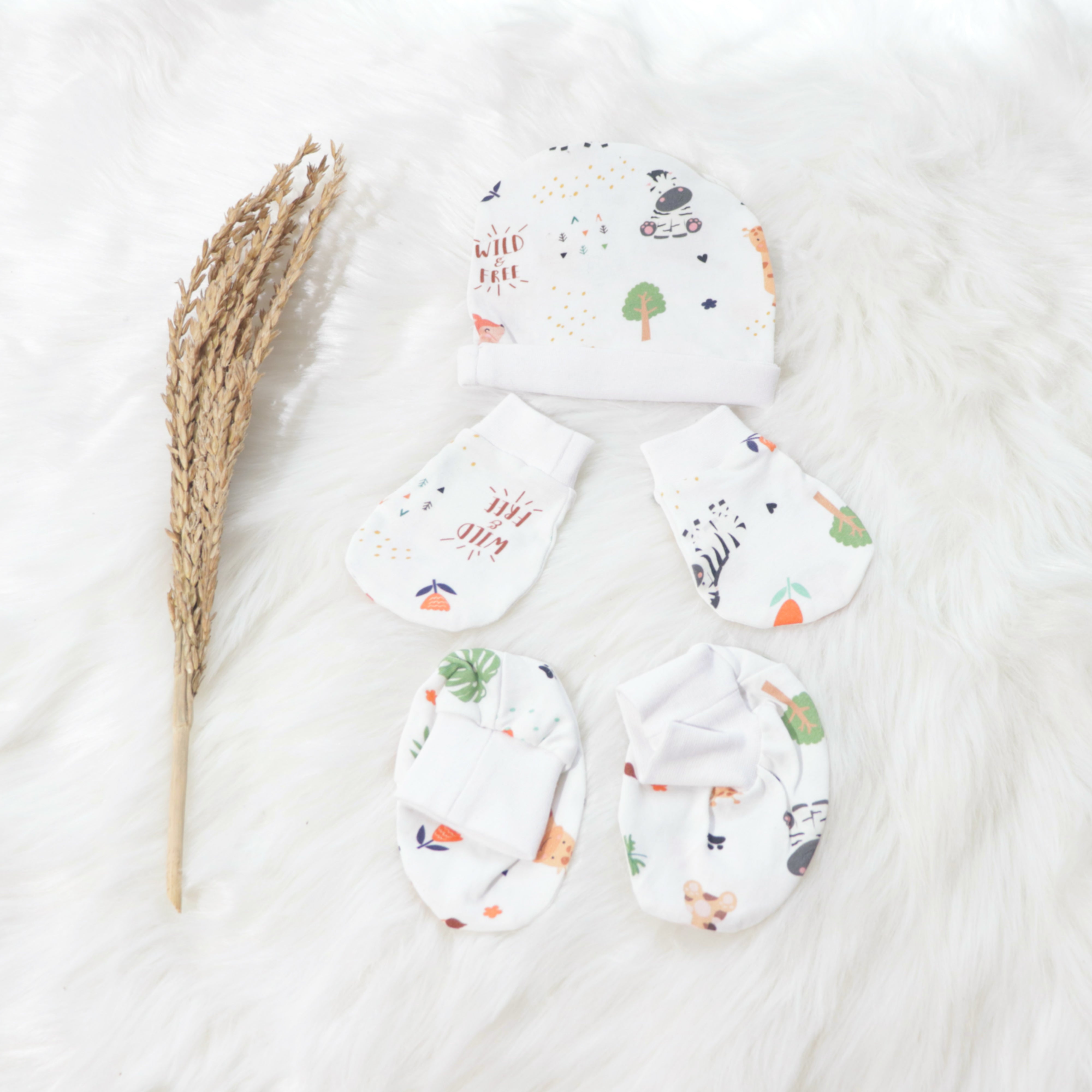 Baby Animals-Cotton Caps, Mittens & Booties Set