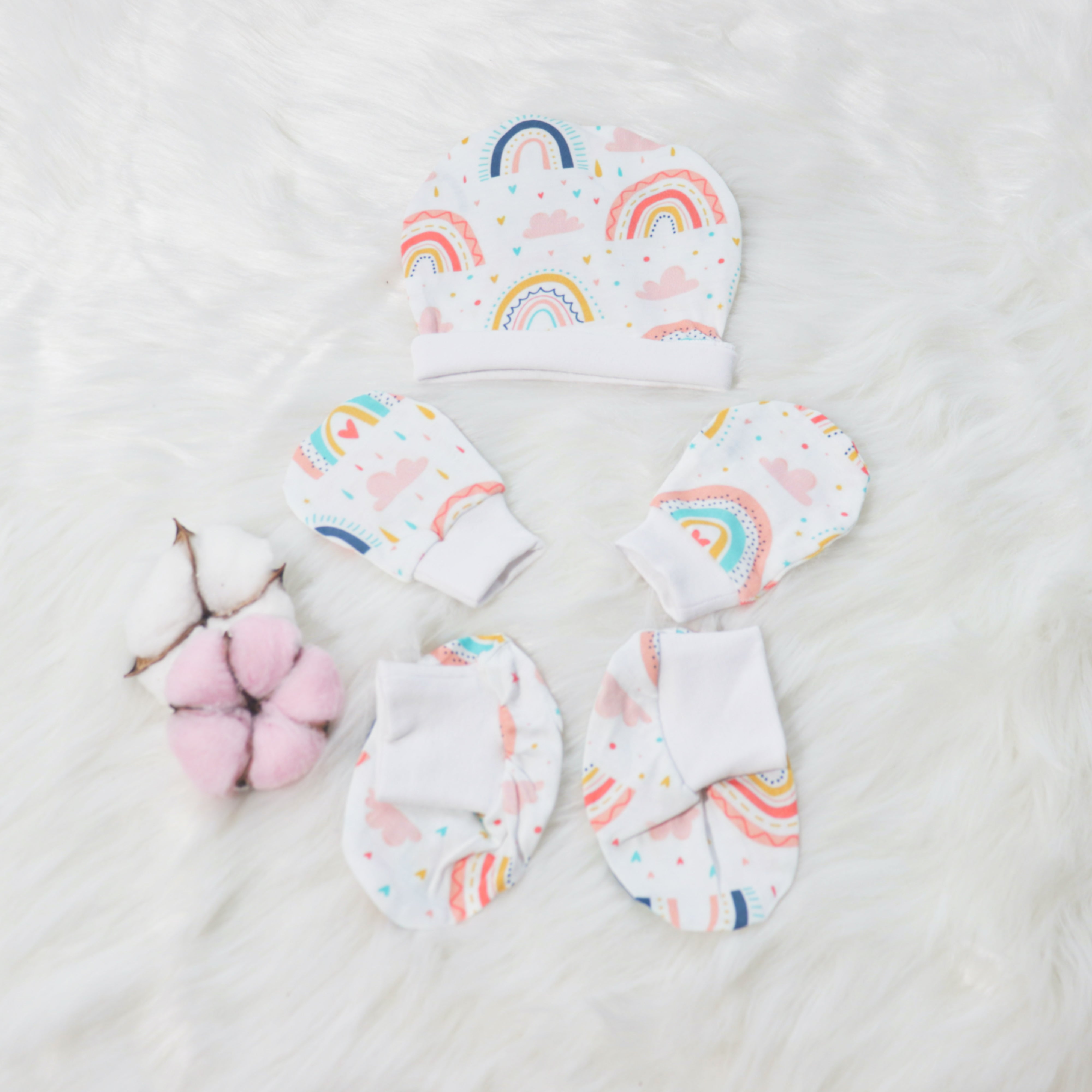 Rainbows-Cotton Caps, Mittens & Booties Set