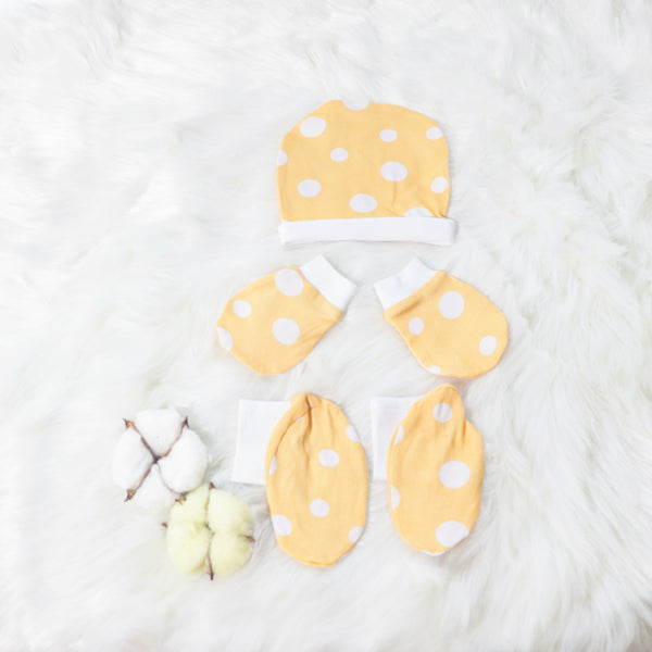 Cute Polka-Cotton Caps, Mittens & Booties Set