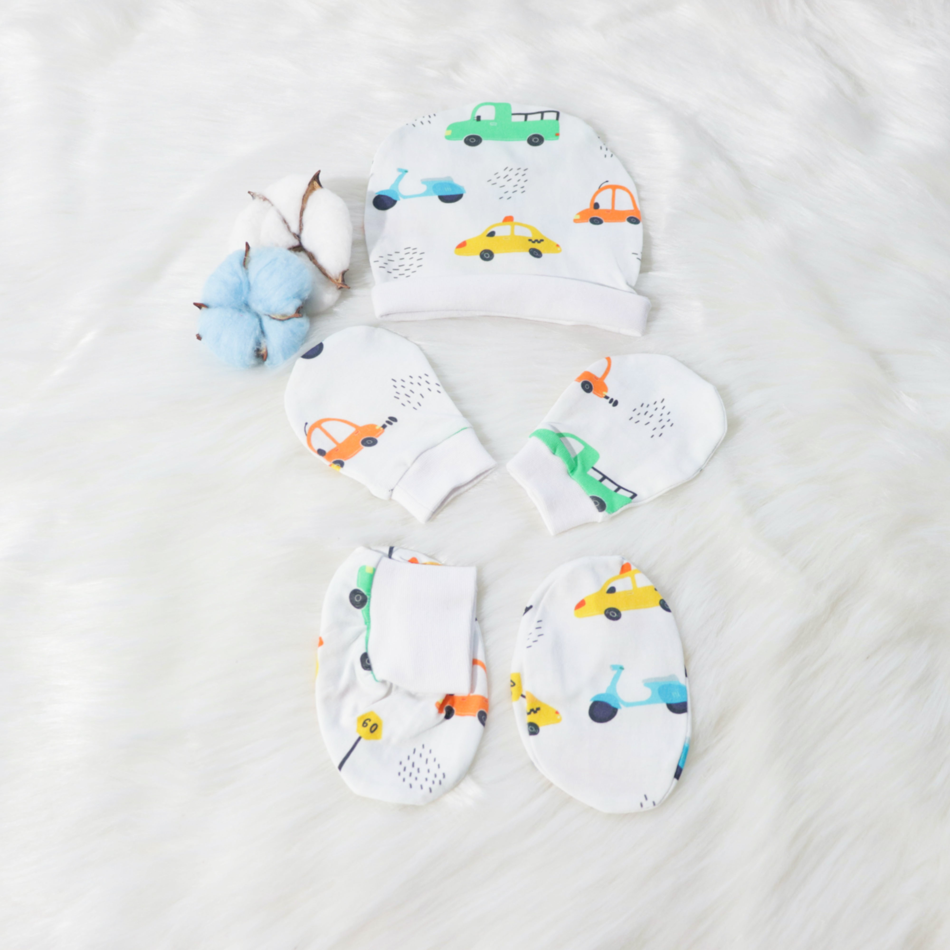 Beep Beep-Cotton Caps, Mittens & Booties Set