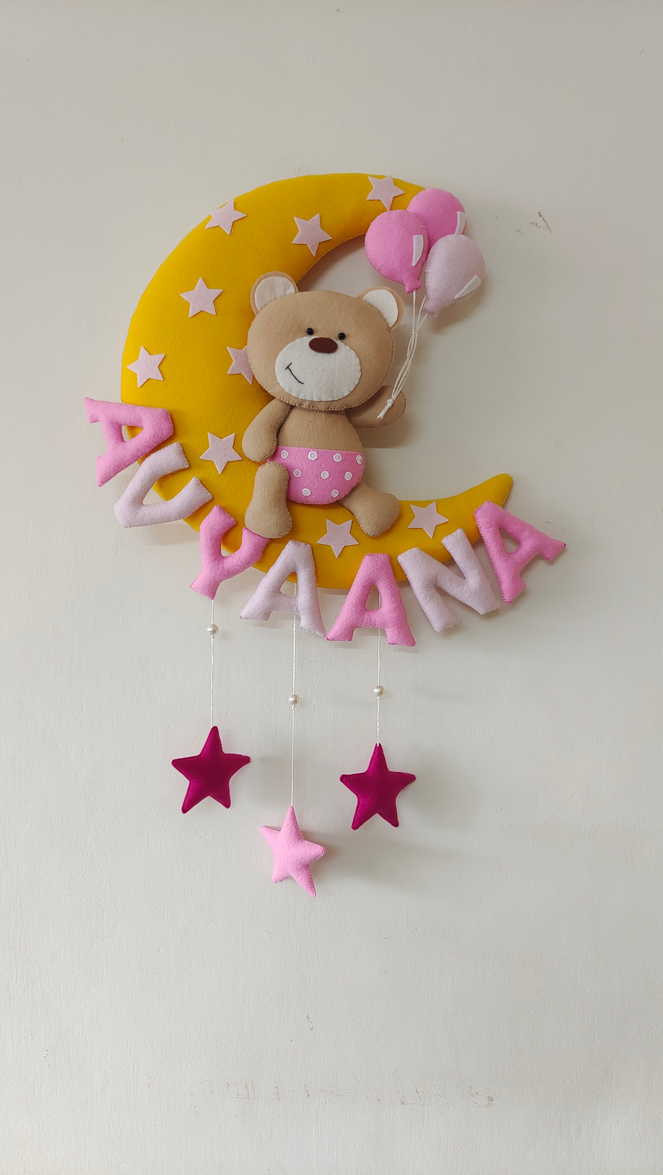 Teddy on moon with balloons Customized Name Plate Wall Hanging