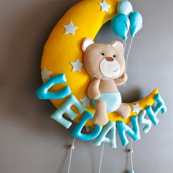 Teddy on moon with balloons Customized Name Plate Wall Hanging