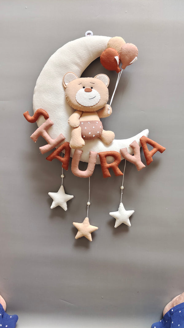 Teddy on moon with balloons Customized Name Plate Wall Hanging