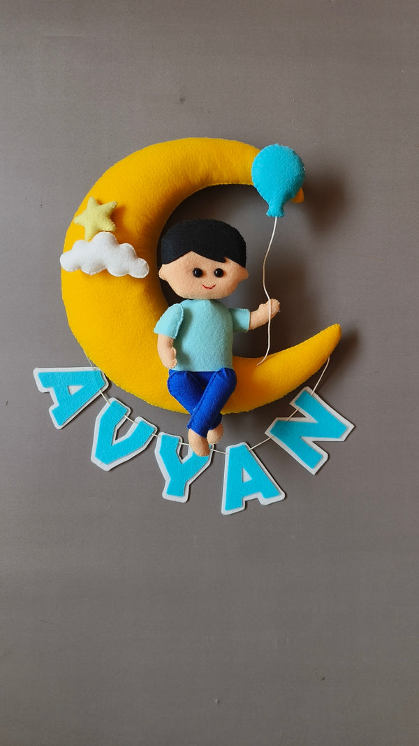 Boy on a moon  Customized Name Plate Wall Hanging