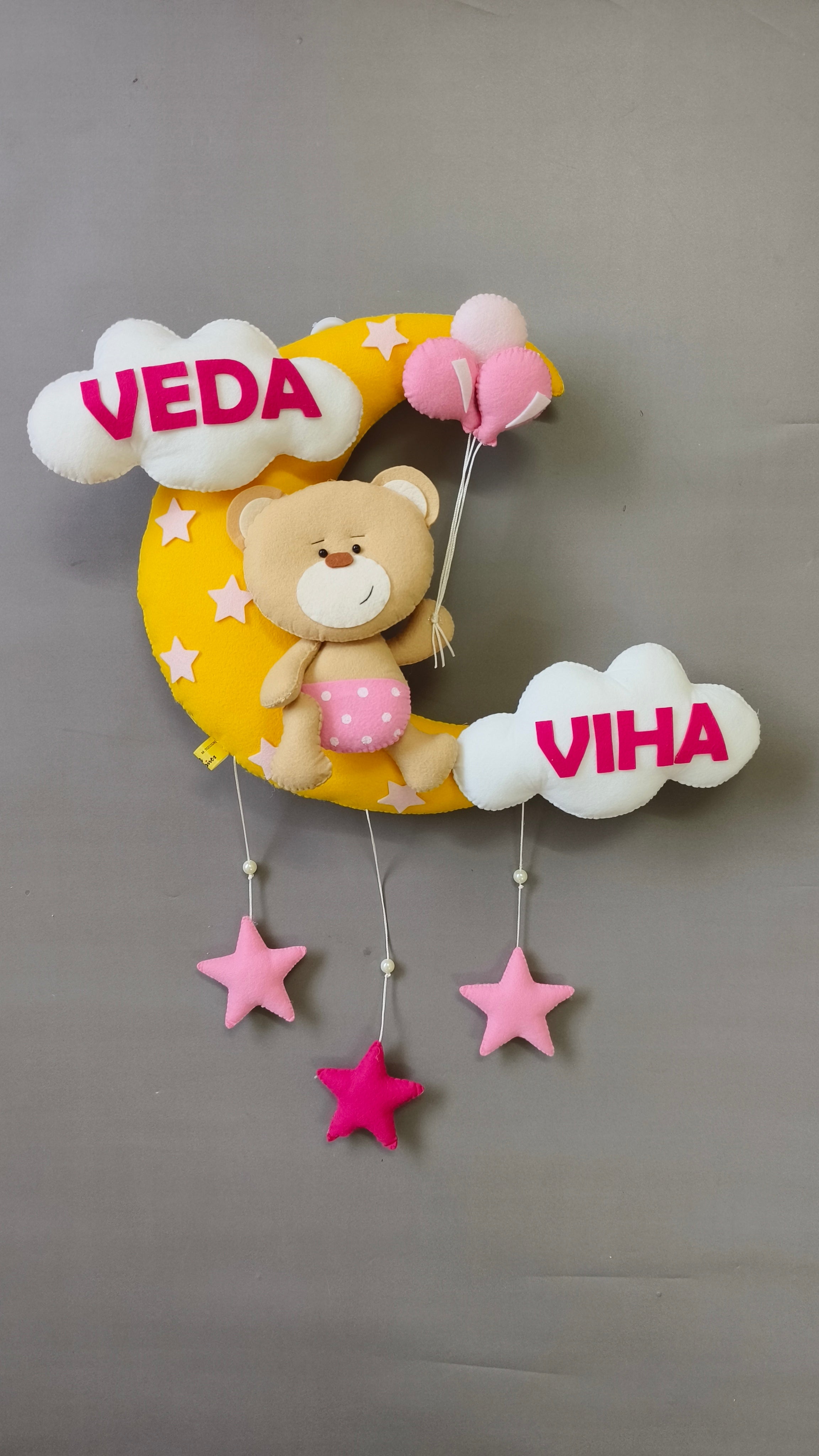 Teddy on moon with balloons for siblings  Customized Name Plate Wall Hanging