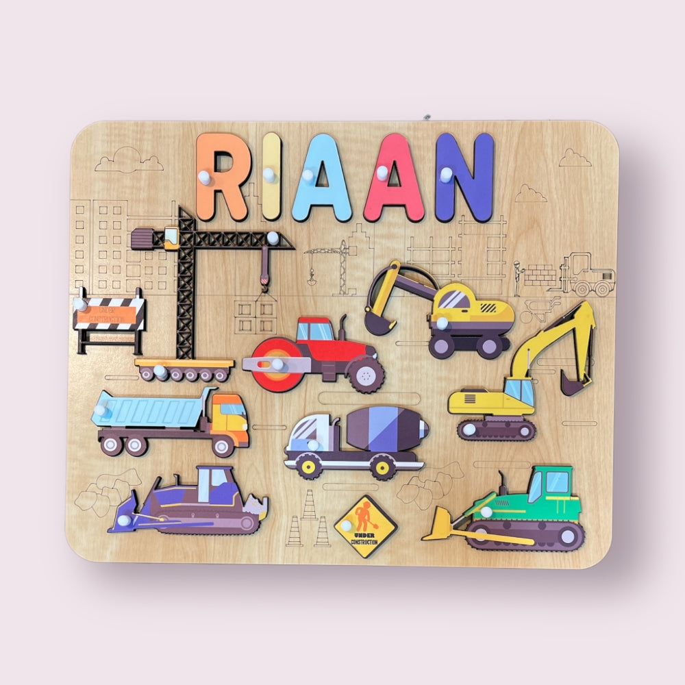 Personalised Wooden Name Puzzle- Construction Site (Vibrant)