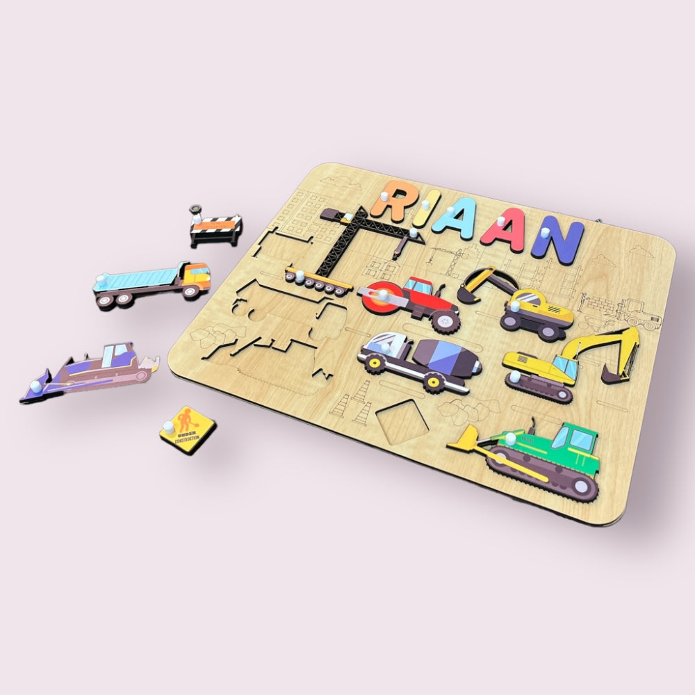 Personalised Wooden Name Puzzle- Construction Site (Vibrant)