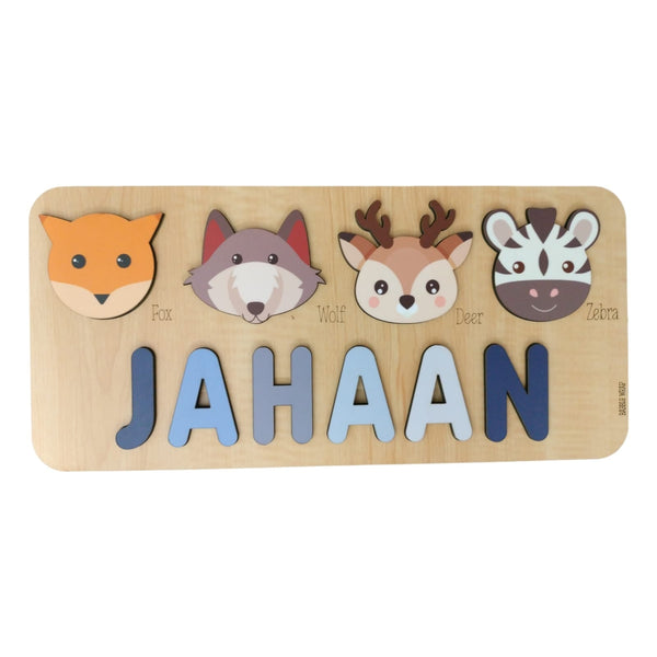 Personalised Wooden Name Puzzle- Fauna (4 Elements with Name on Bottom)