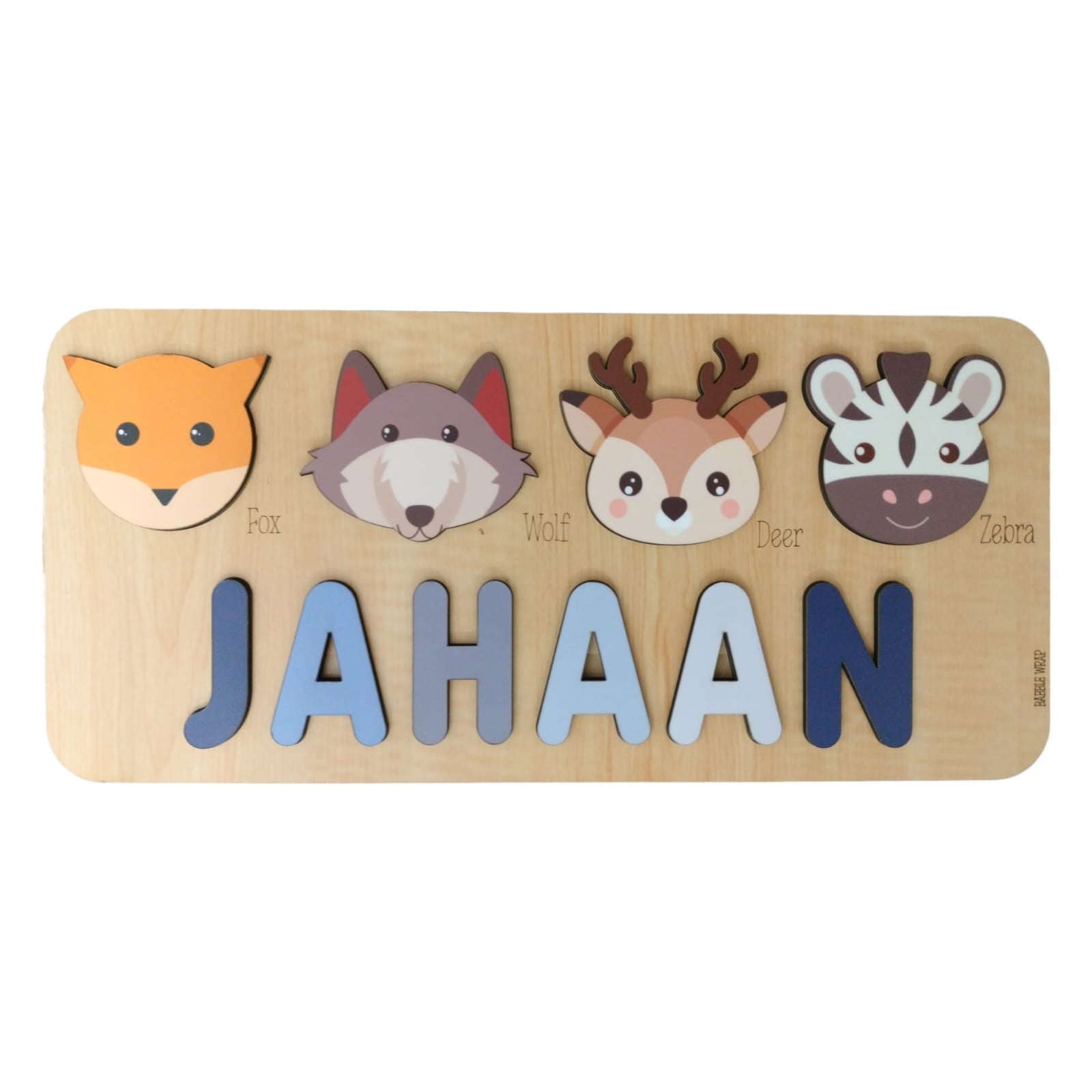 Personalised Wooden Name Puzzle- Fauna (4 Elements with Name on Bottom)