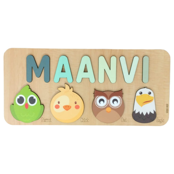 Personalised Wooden Name Puzzle- Fauna (4 Elements with Name on Top)