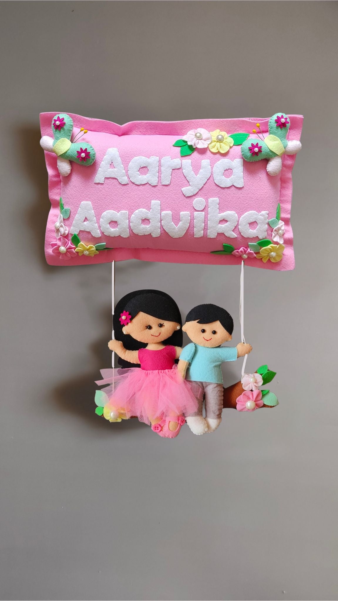 Siblings on swing  Customized Name Plate Wall Hanging