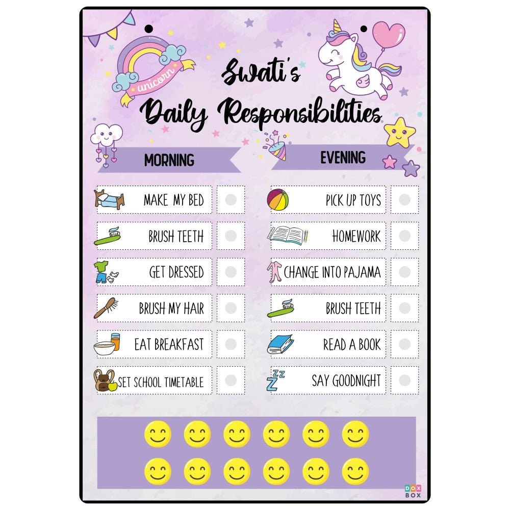 Customized Unicorn Daily Responsibility Chart For Kids Activity