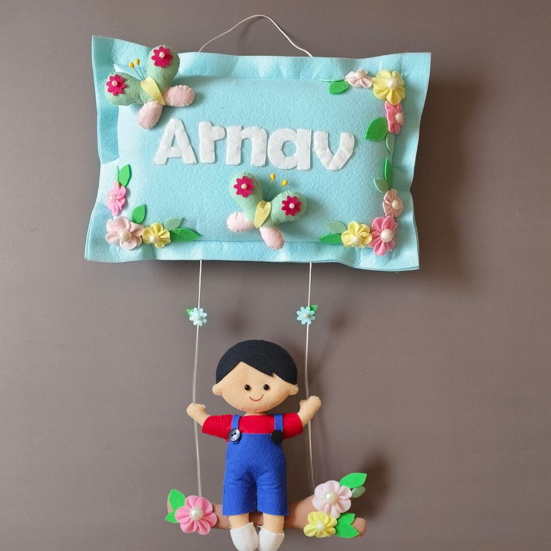 Boy on swing  Customized Name Plate Wall Hanging