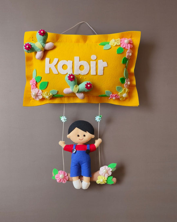 Boy on swing  Customized Name Plate Wall Hanging