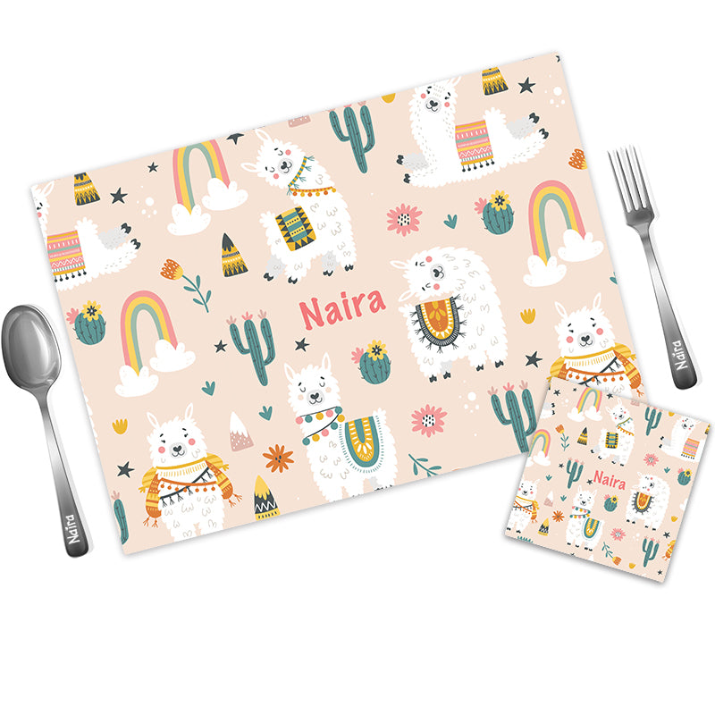Llama Personalized Kids Mat Coaster Set