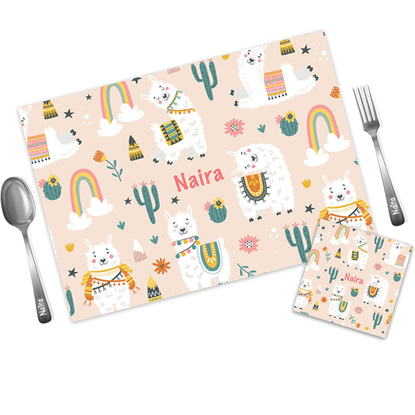 Llama Personalized Kids Mat Coaster Set