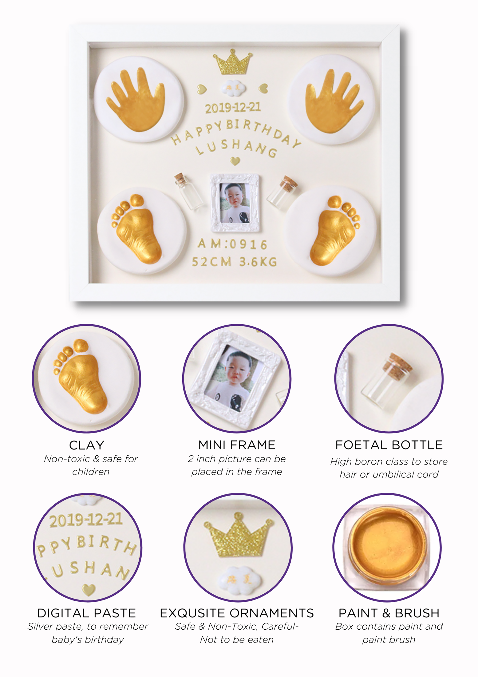 Newborn Hand and Foot Casting Photo Frame-Golden with additional things.