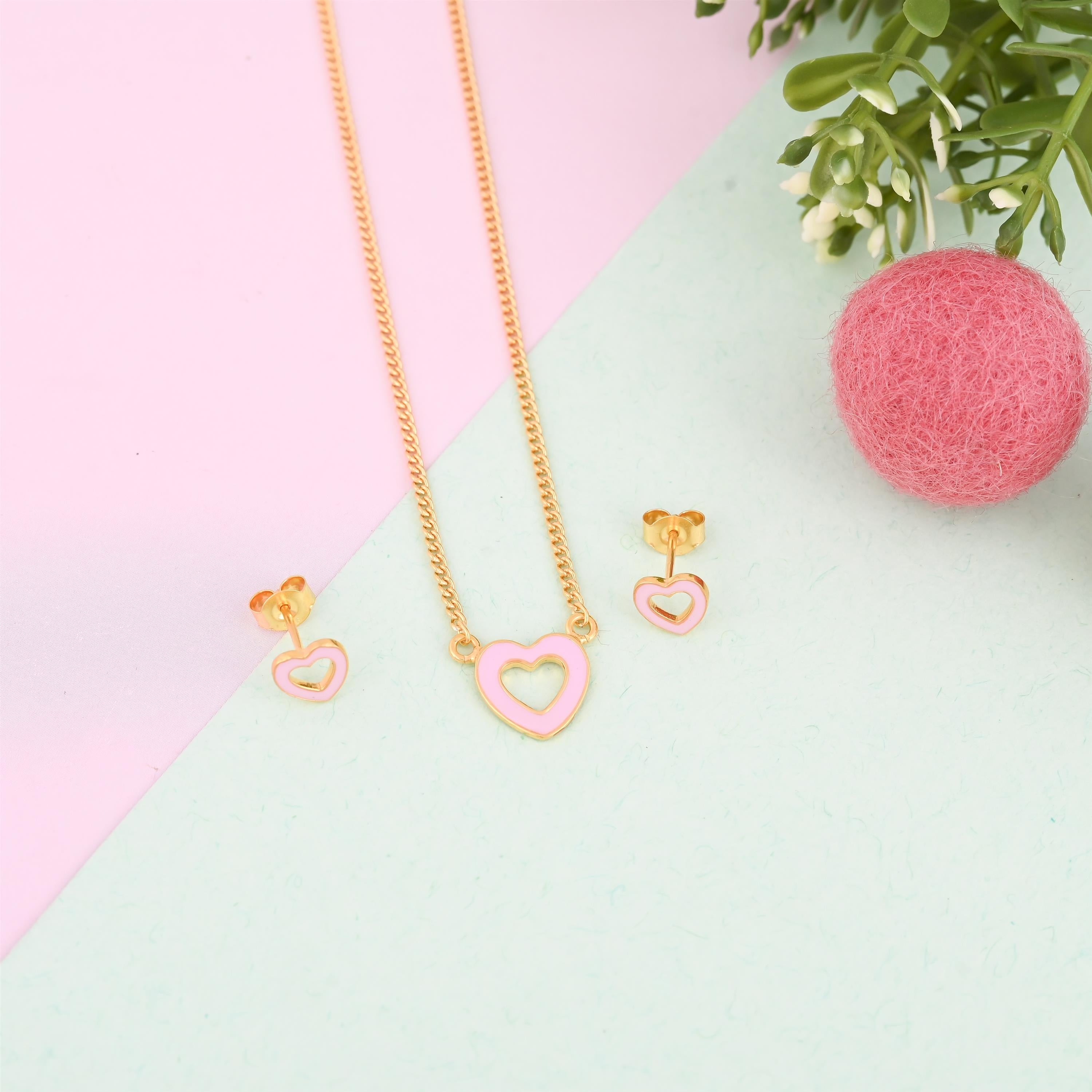 Pink Hearts Silver Pendent and Earrings Set